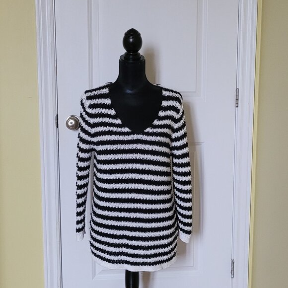 Dana Buchman sweater black and white striped plus size XL pull over v-neck loose - Picture 1 of 13
